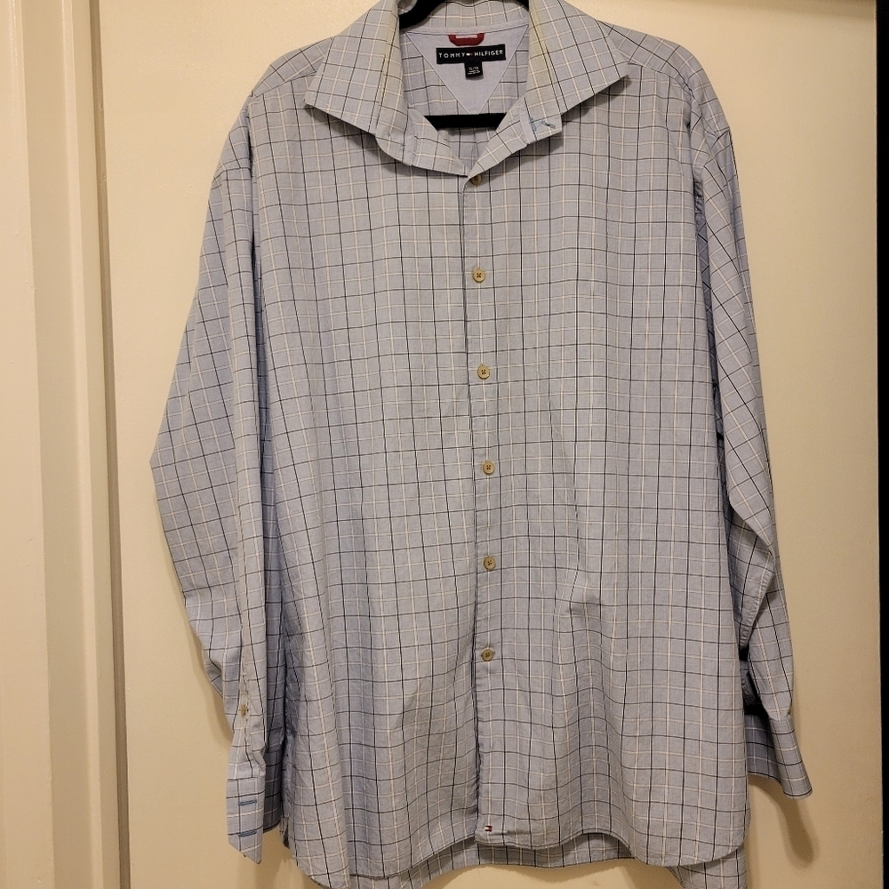 Tommy Hilfiger Mens XL Blue Plaid Shirt Longsleeve Button-Up 100% Cotton